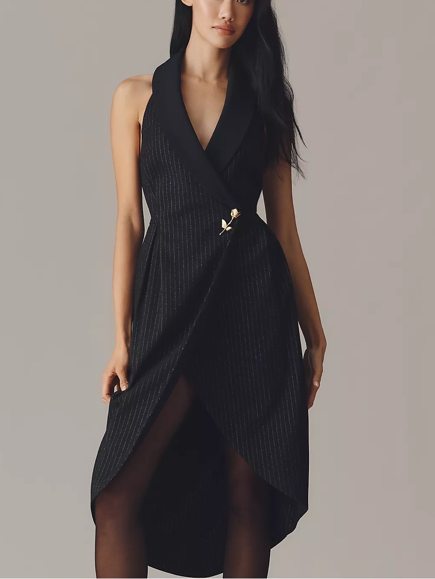 Nwt Anthropologie Women’s Halter Tuxedo Stripe Midi Black Dress Size S
